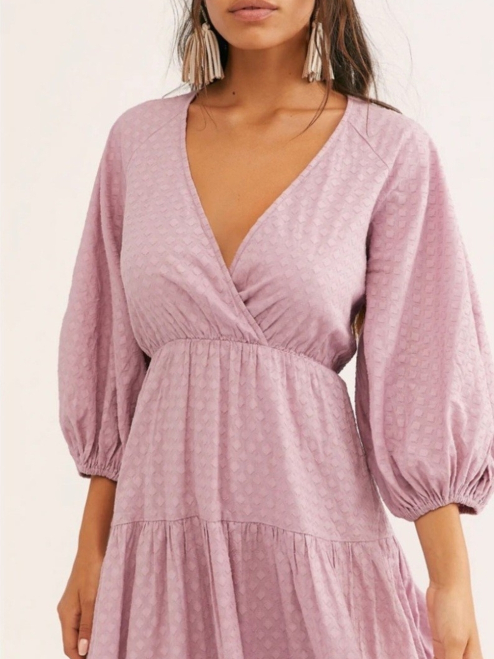 Free People Like Air Mauve Wrap Midi Dress with Puff Sleeves - Picture 2 of 7